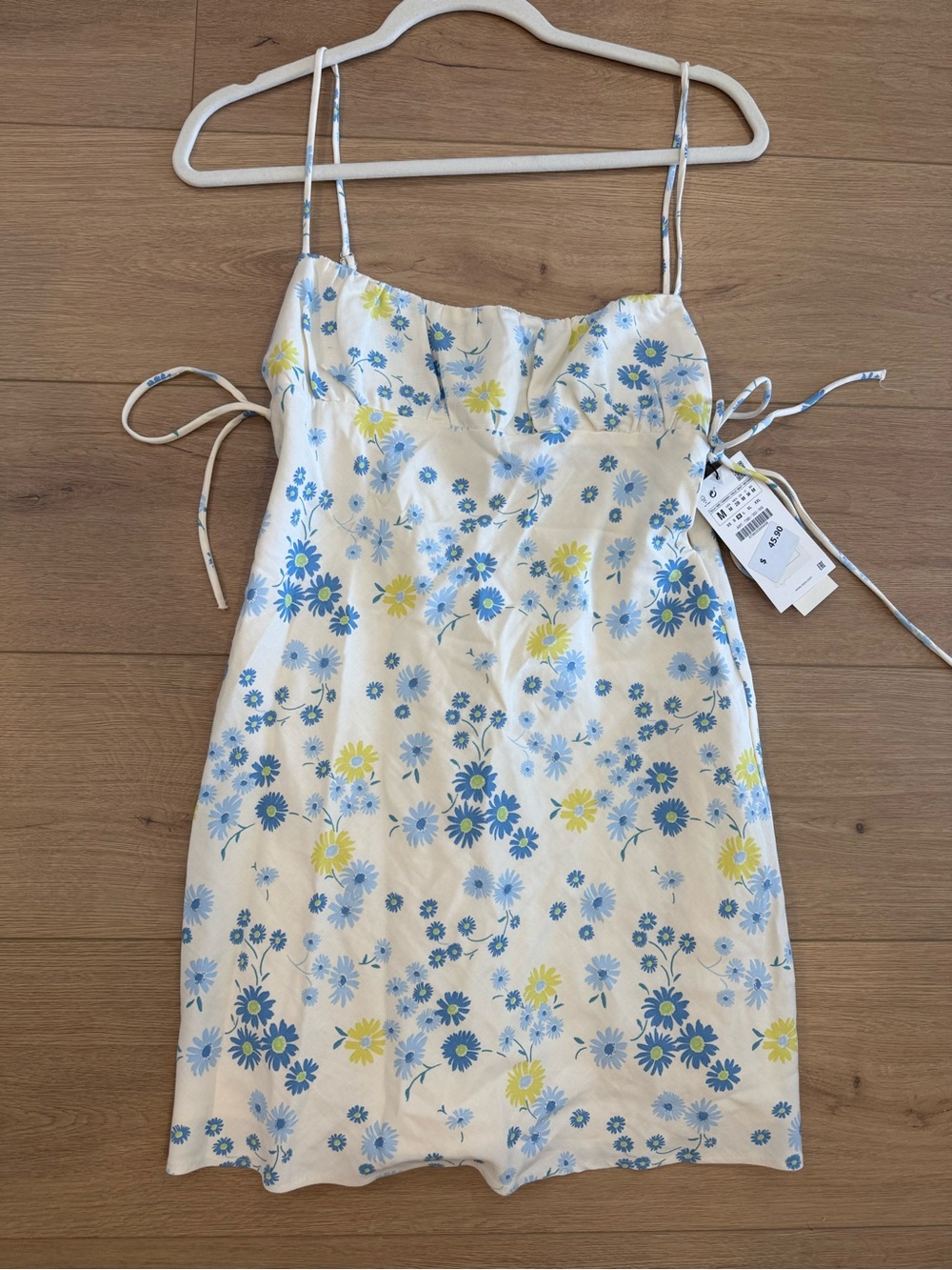 Zara Floral Slip Dress in White with Blue & Yellow Daisies